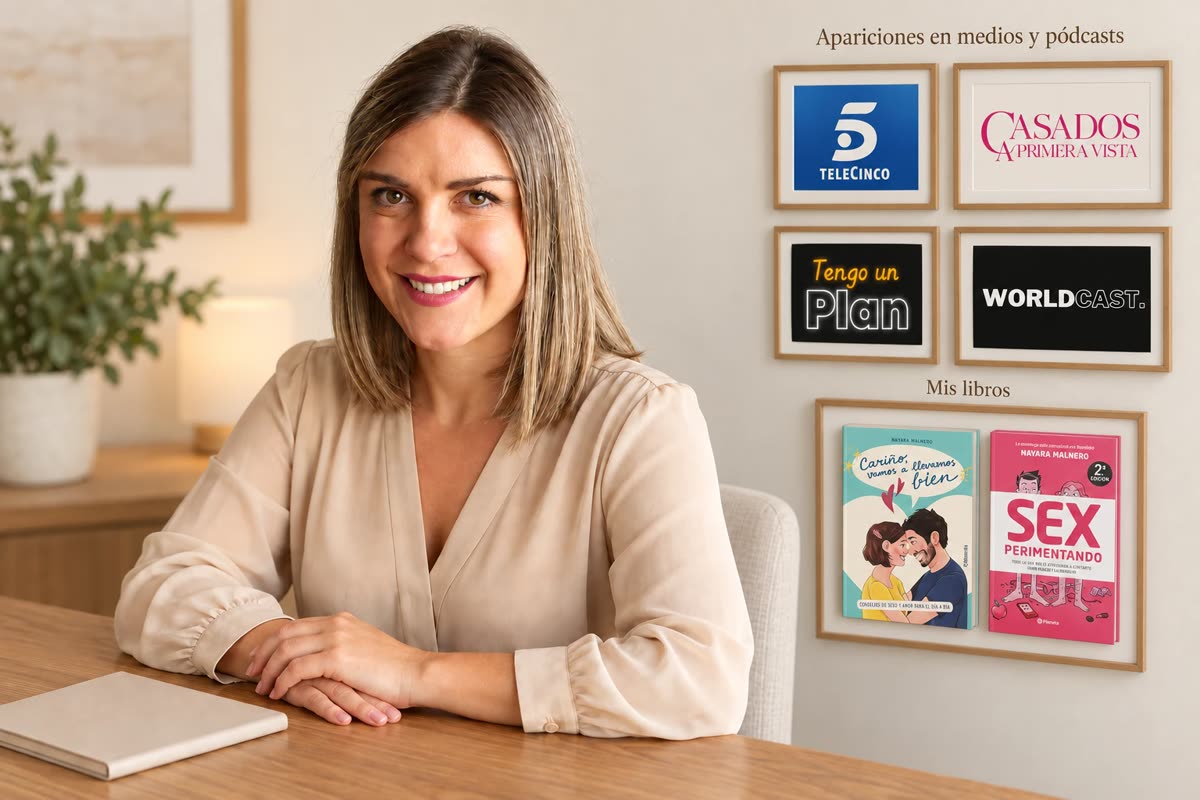 Nayara Malnero en su consulta. Apariciones en medios y pódcasts: Telecinco, Casados a primera vista, Tengo un Plan y Worldcast. Sus libros: «Cariño, vamos a llevarnos bien» y «Sexperimentando».